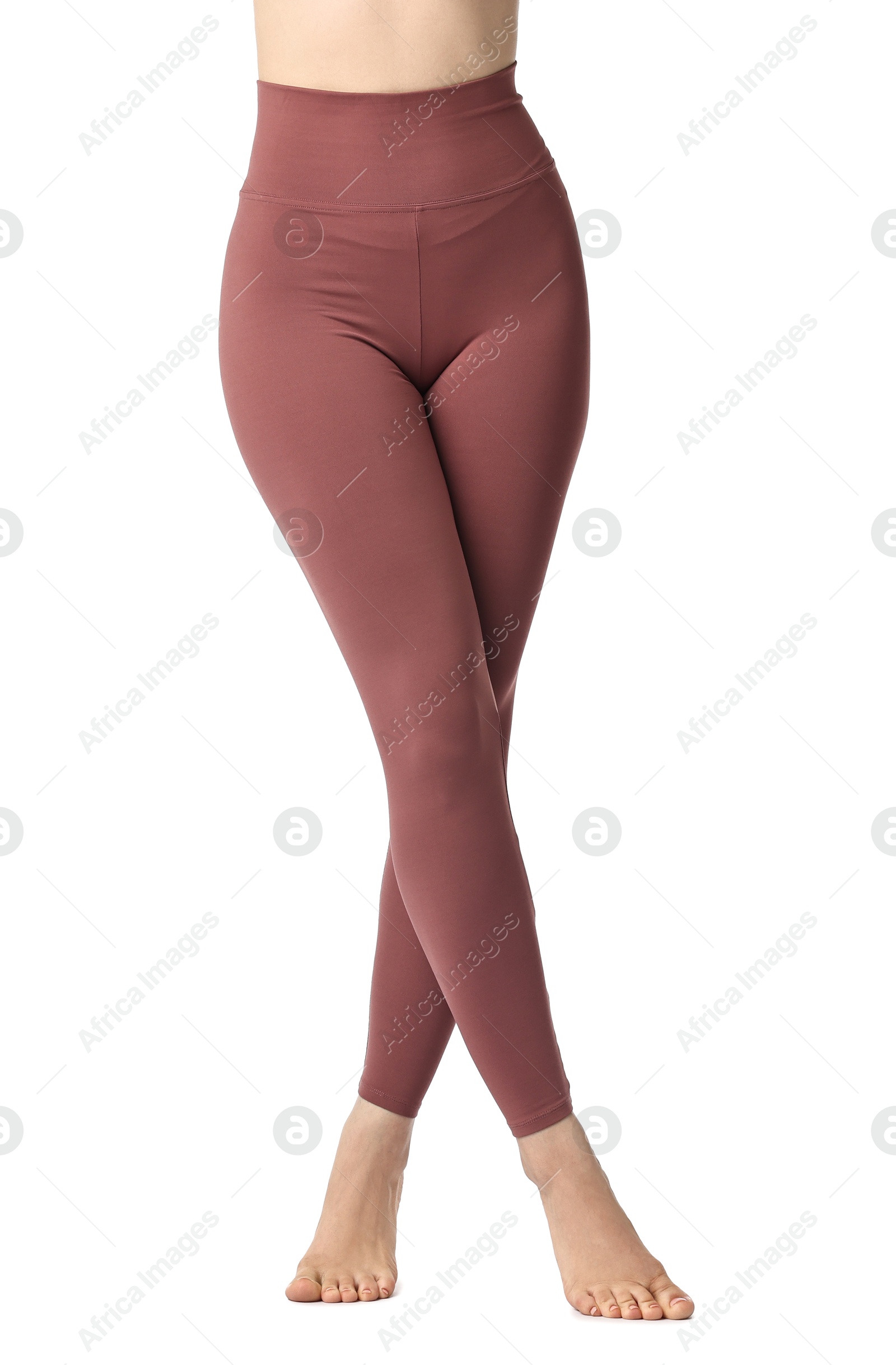 Photo of Woman wearing sports leggings on white background, closeup