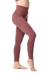 Photo of Woman wearing sports leggings on white background, closeup