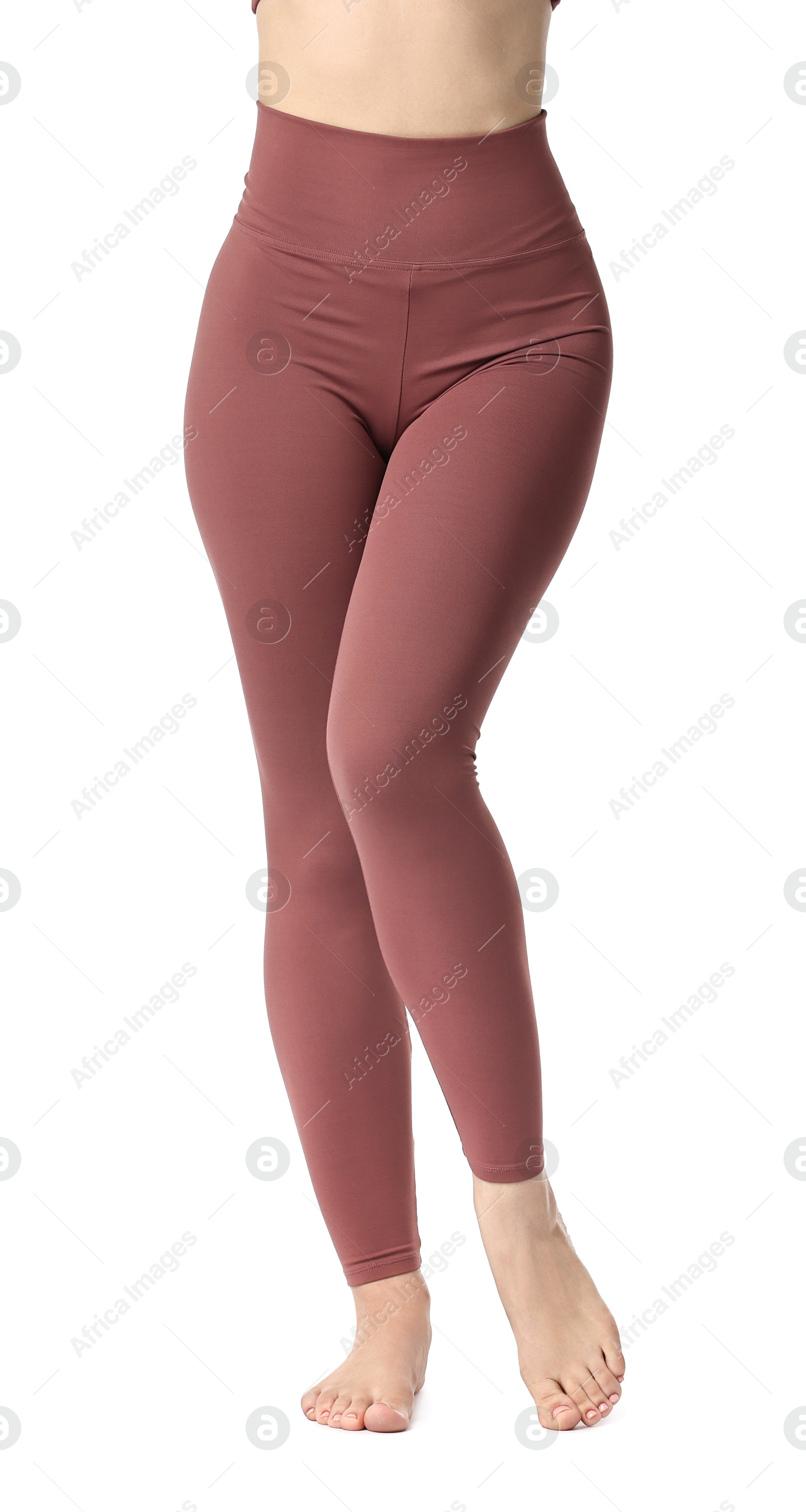 Photo of Woman wearing sports leggings on white background, closeup