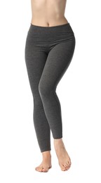 Photo of Woman wearing sports leggings on white background, closeup