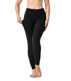 Photo of Woman wearing black sports leggings on white background, closeup