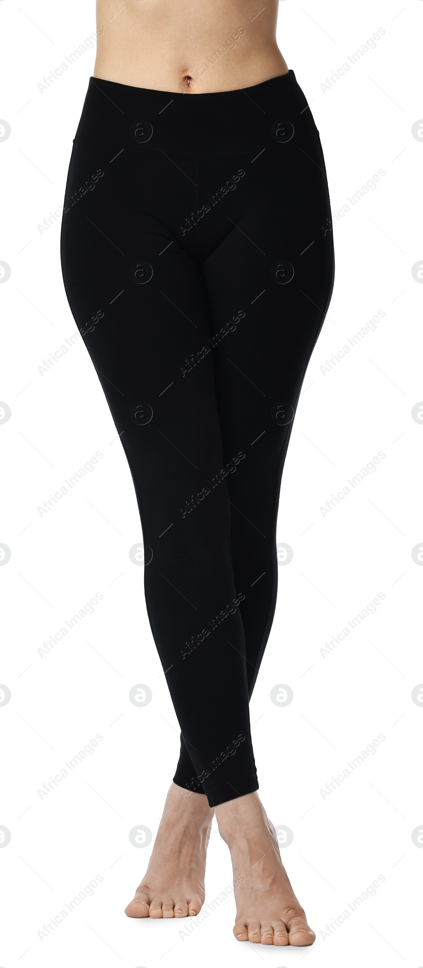 Photo of Woman wearing black sports leggings on white background, closeup