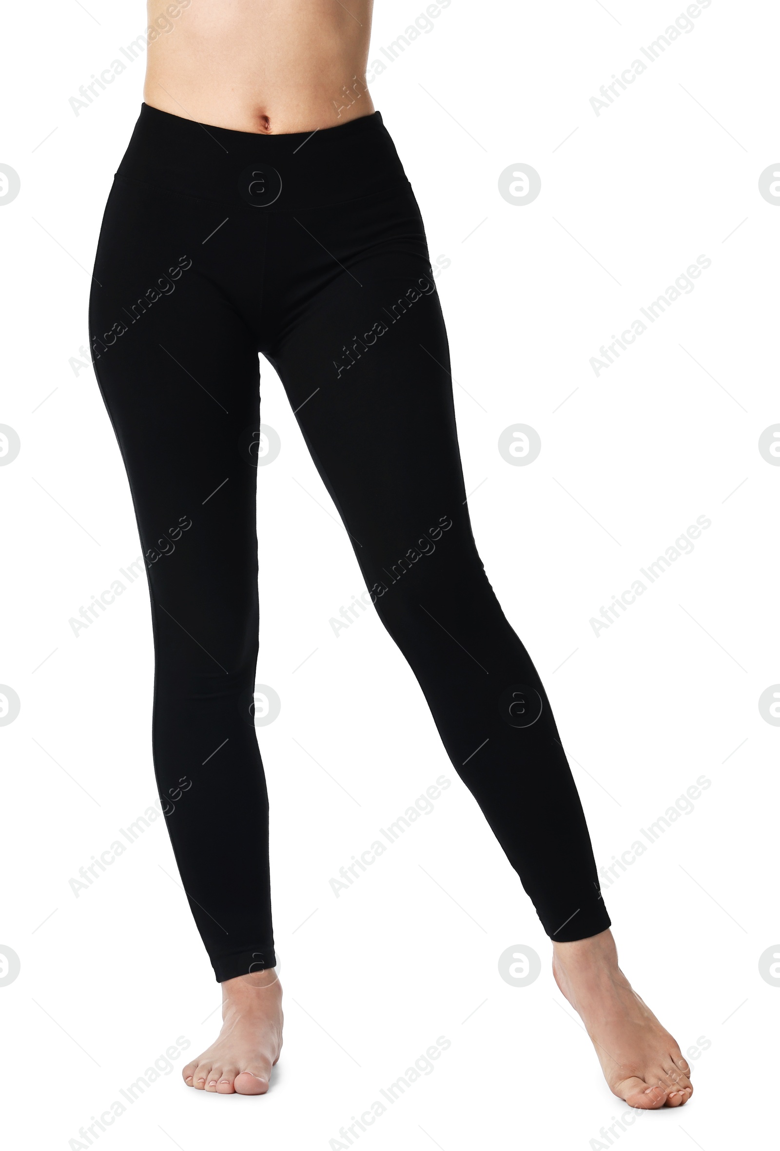 Photo of Woman wearing black sports leggings on white background, closeup