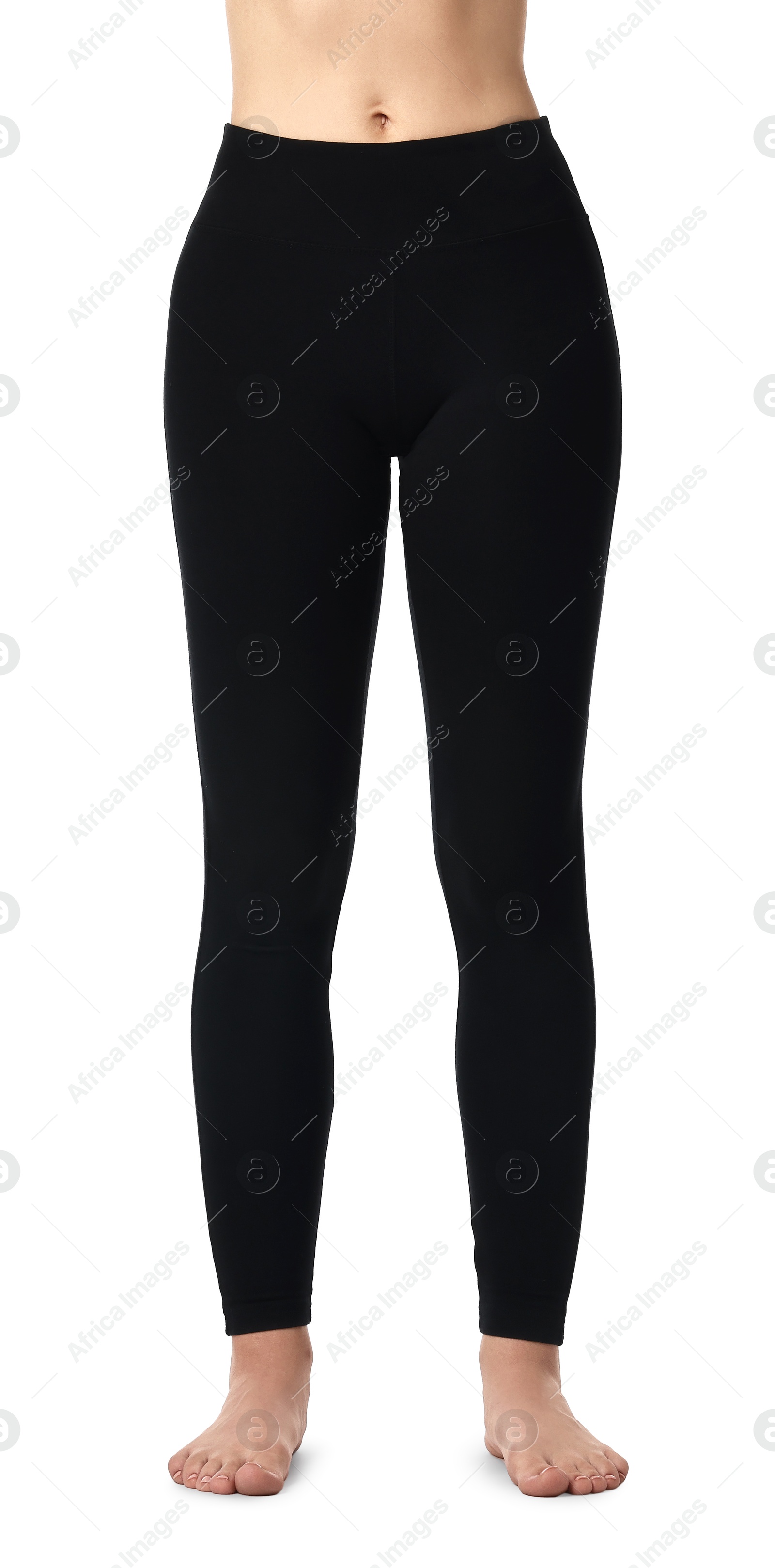 Photo of Woman wearing black sports leggings on white background, closeup