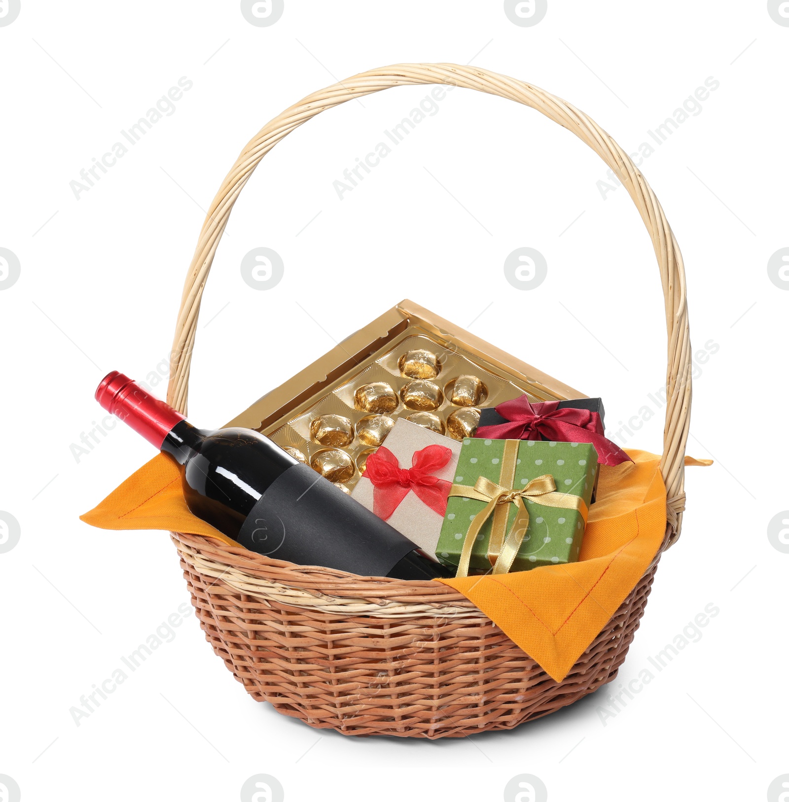 Photo of Wicker gift basket with wine isolated on white