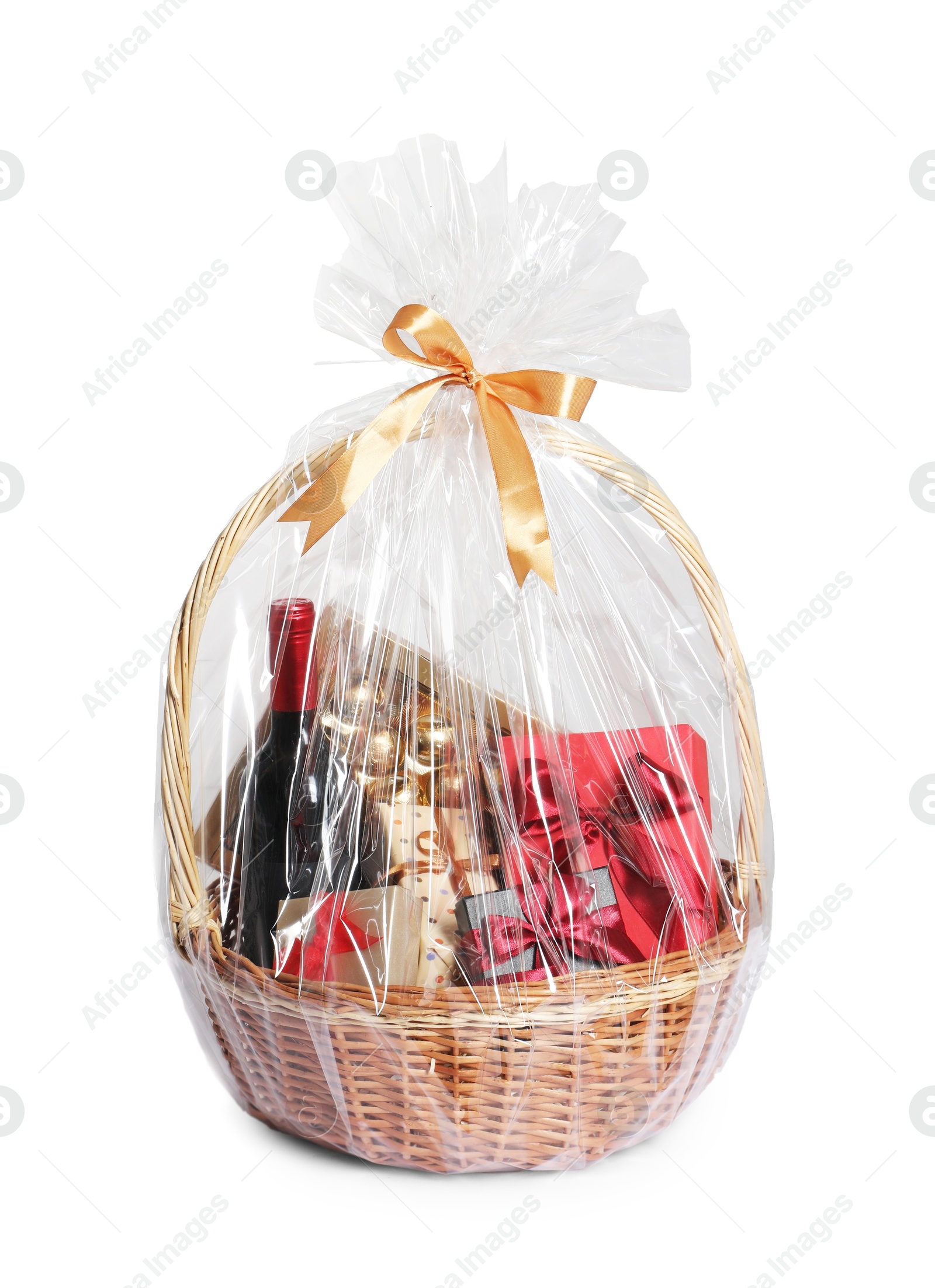 Photo of Wicker gift basket with wine isolated on white