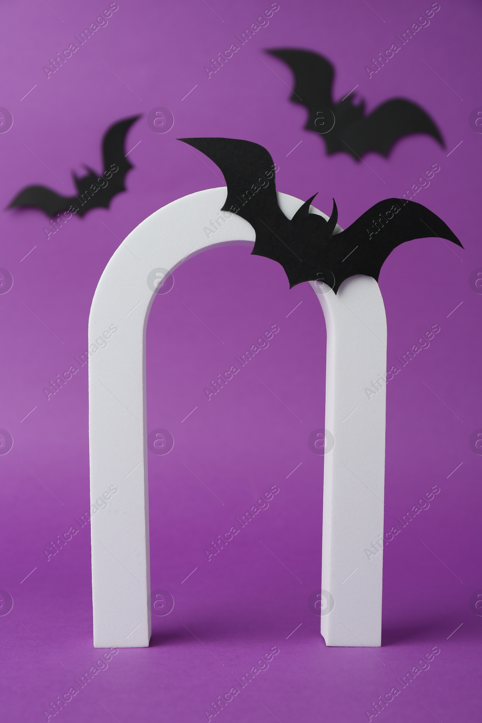 Photo of Halloween celebration. Arc and paper bats on purple background, space for text