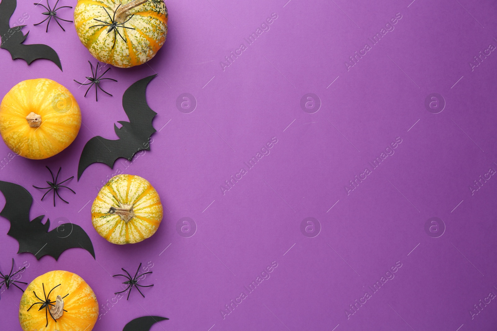 Photo of Flat lay composition with Halloween decor on purple background. Space for text