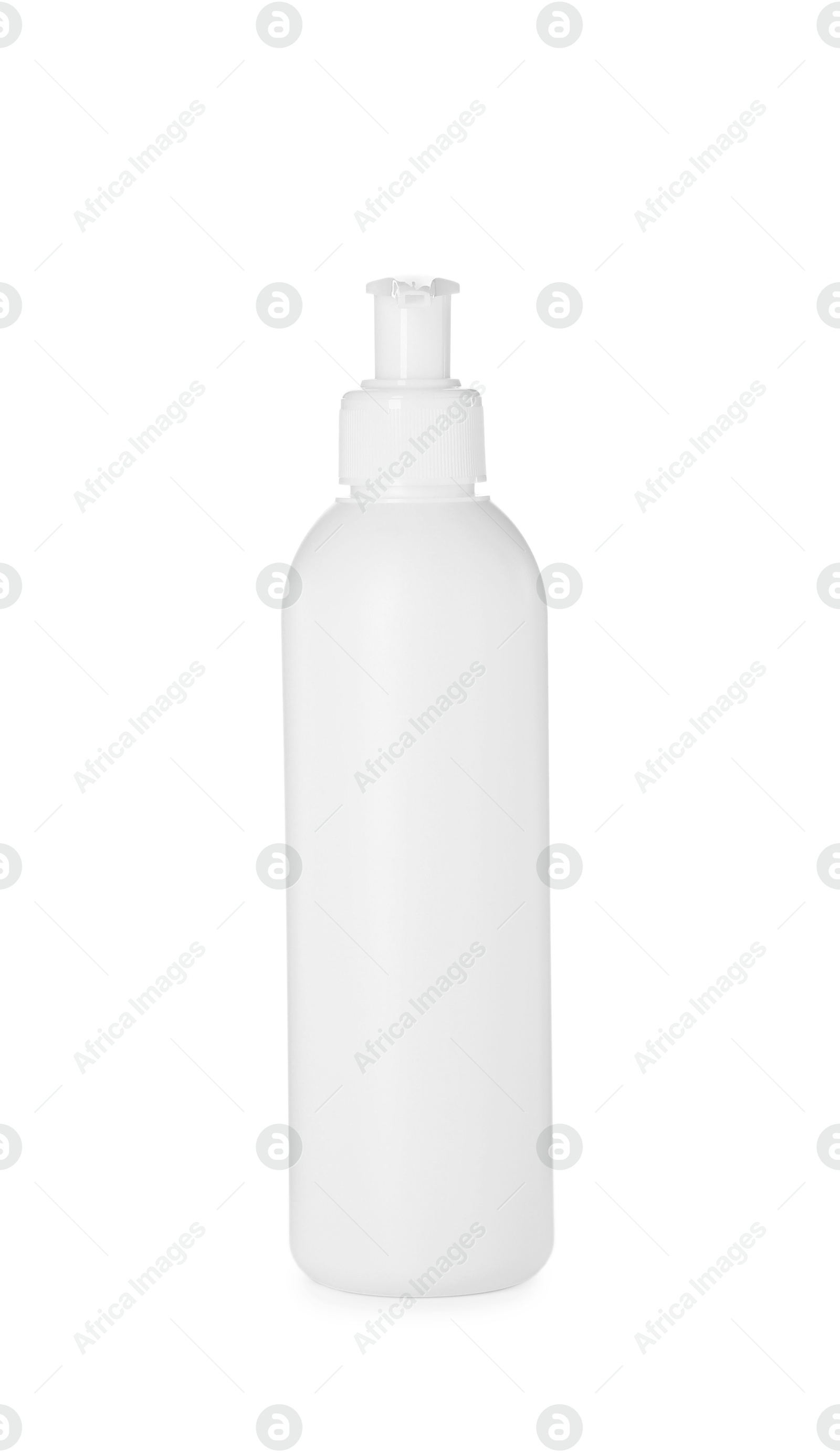 Photo of One blank bottle of shampoo isolated on white