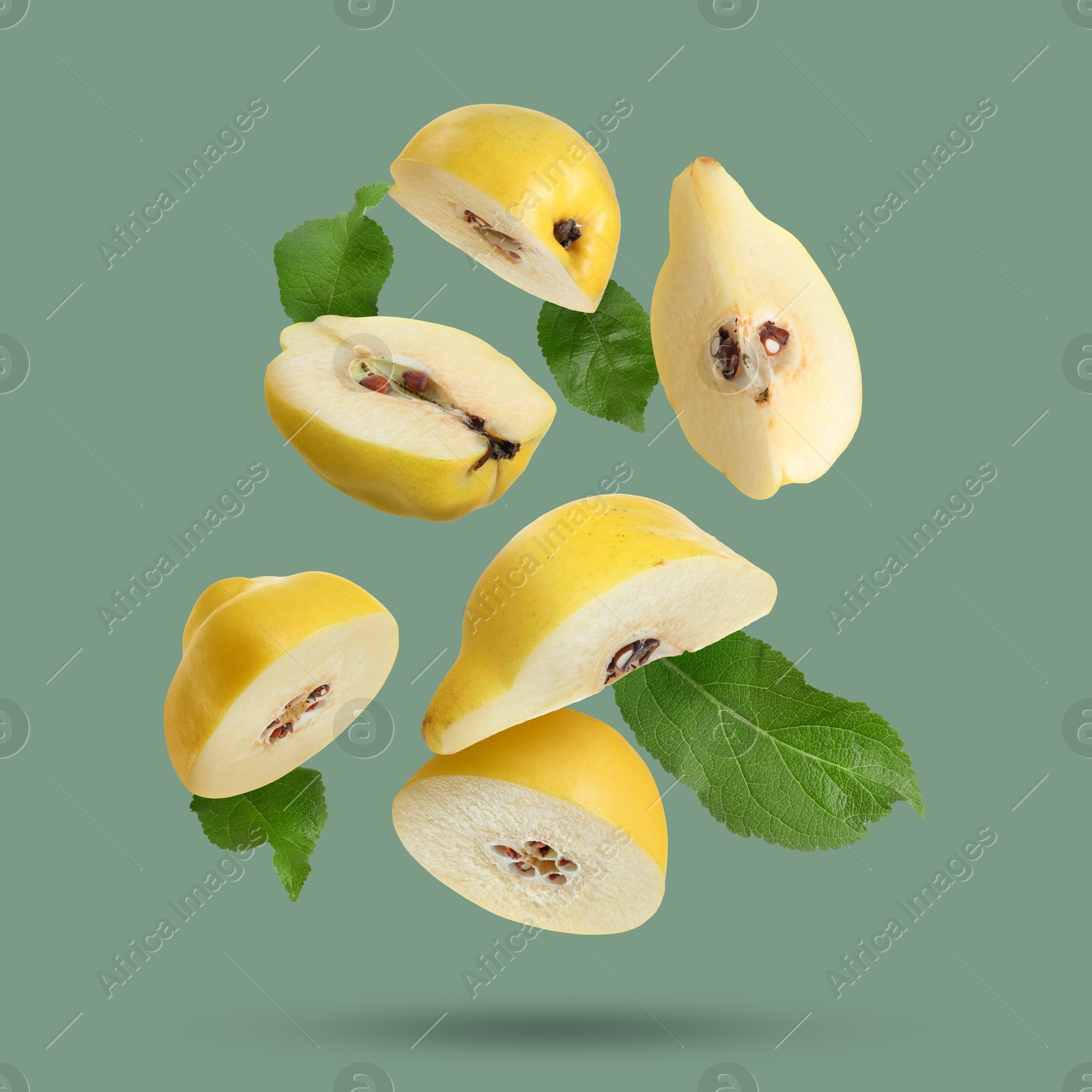 Image of Pieces of fresh quinces and leaves falling on greyish green background