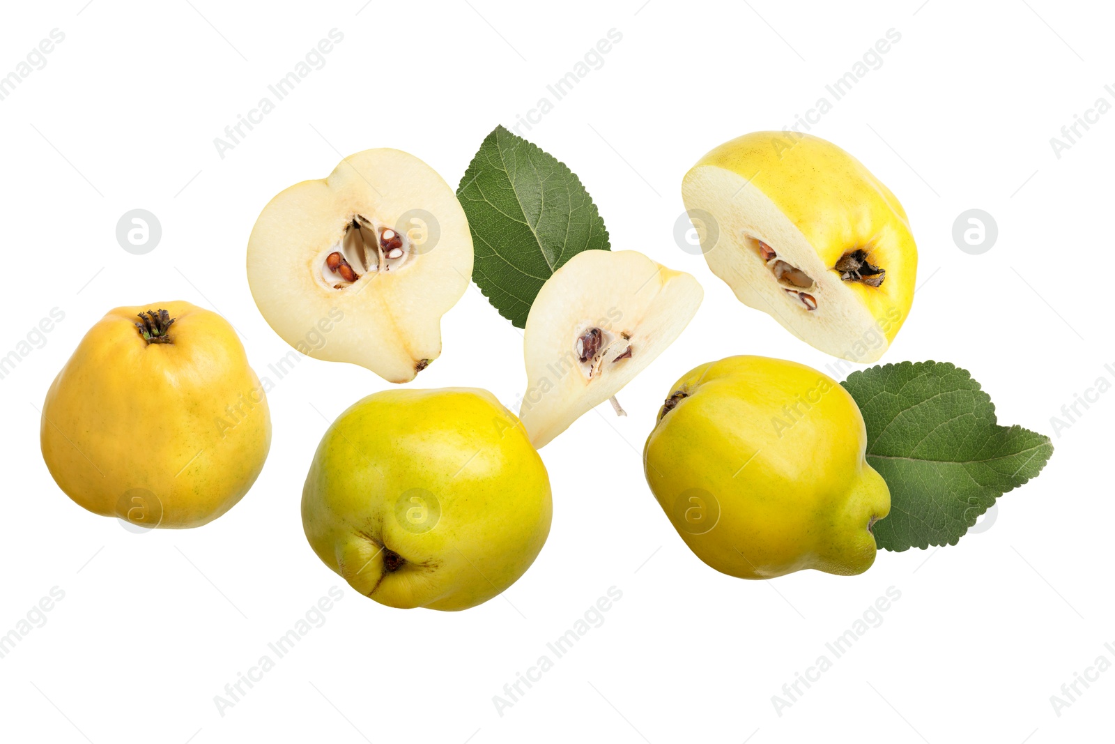 Image of Fresh quinces and green leaves flying on white background