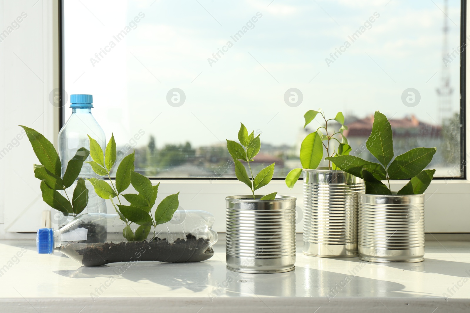 Photo of Recycling concept. Metal cans and plastic bottles with plants on windowsill