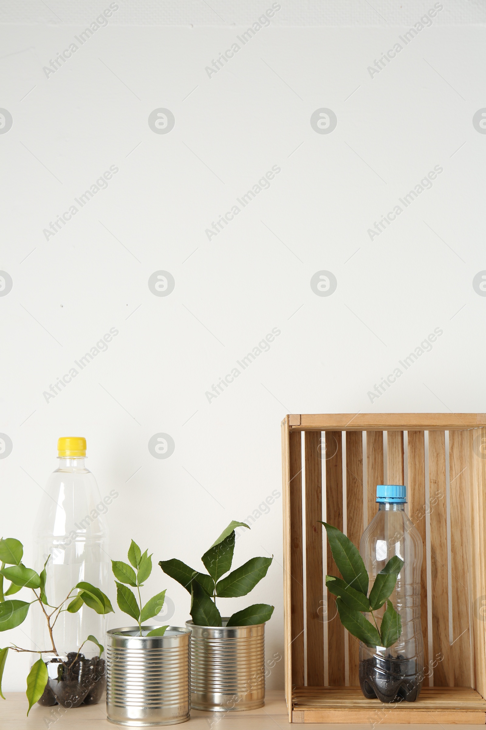 Photo of Recycling concept. Metal cans and plastic bottles with plants on wooden table, space for text