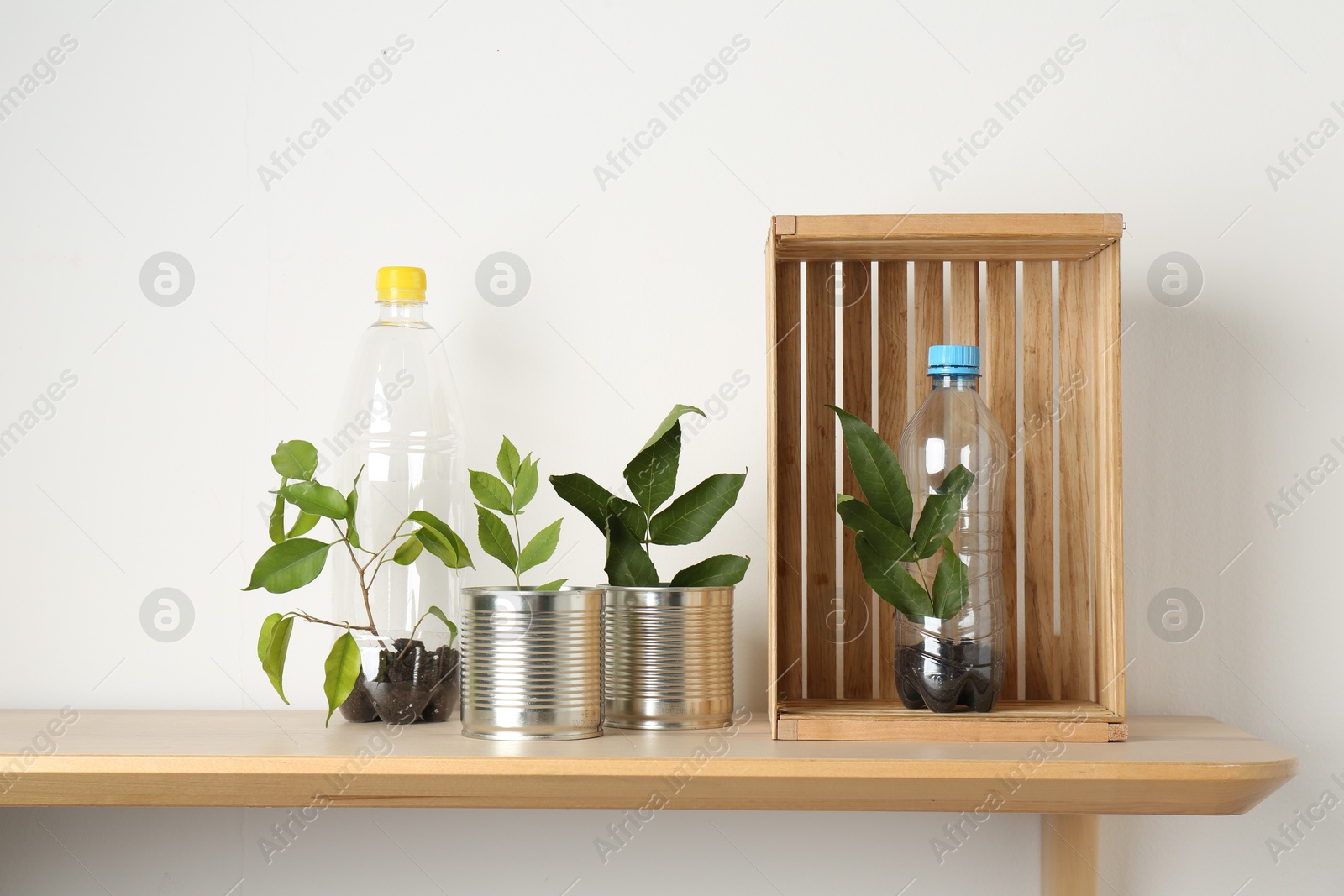 Photo of Recycling concept. Metal cans and plastic bottles with plants on wooden table