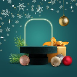 Image of Stage for stylish presentation with Christmas balls, podium and git box on teal background. New Year poster or sale flyer design