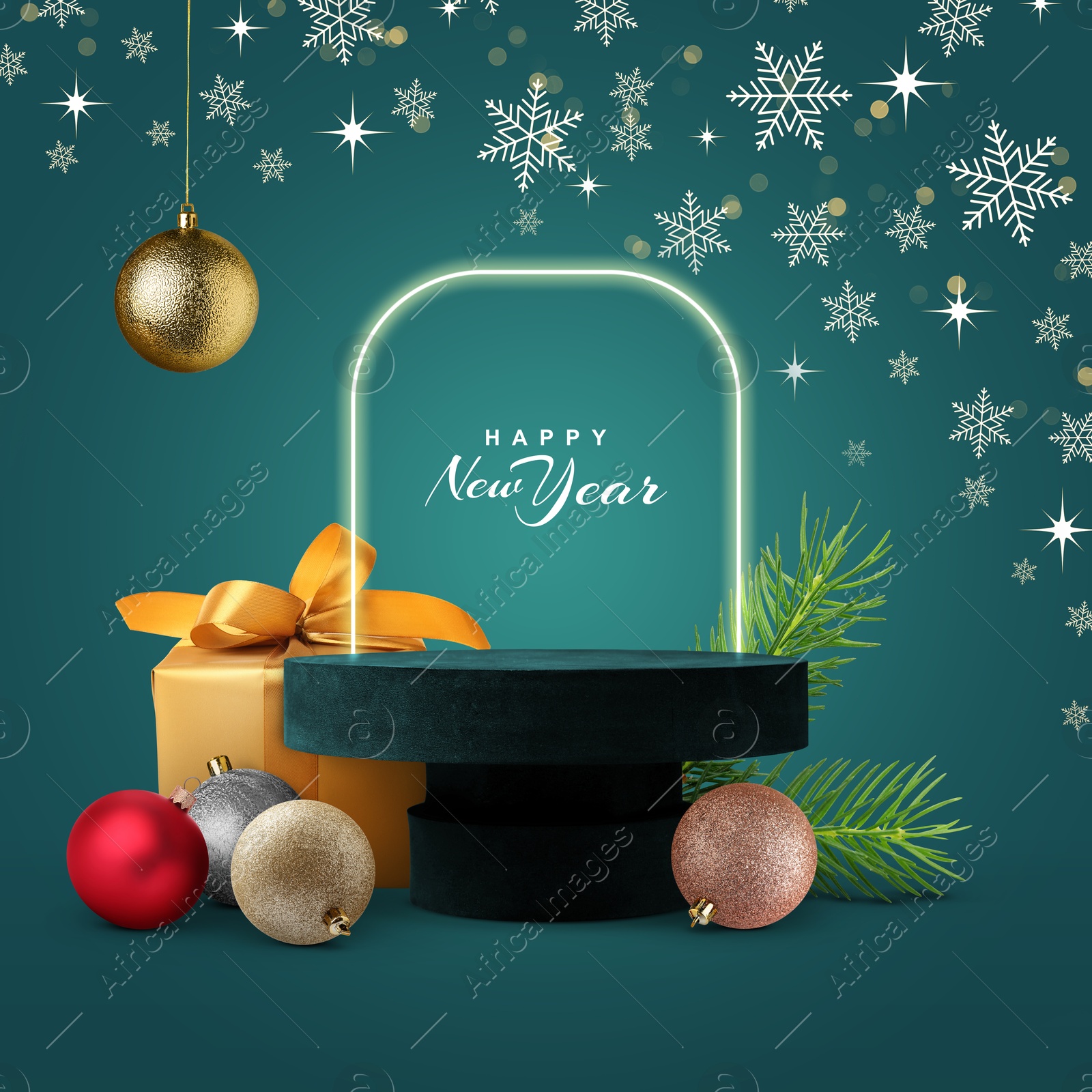 Stylish New Year greeting card design with Christmas balls, snowflakes and podium on teal background Image of Stylish New Year greeting card design with Christmas balls, snowflakes and podium on teal background
