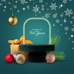 Image of Stylish New Year greeting card design with Christmas balls, snowflakes and podium on teal background