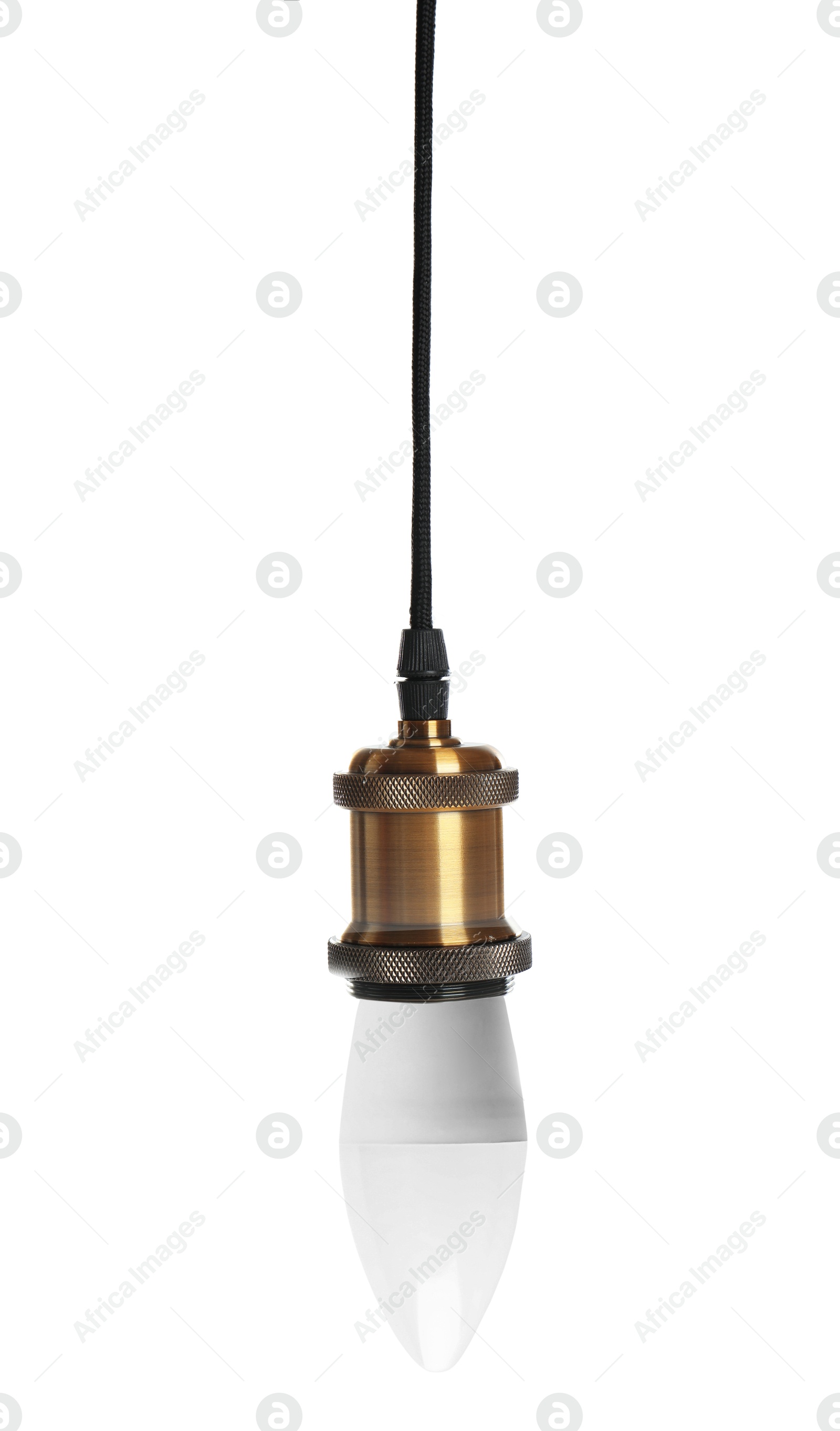 Image of One light bulb hanging on white background