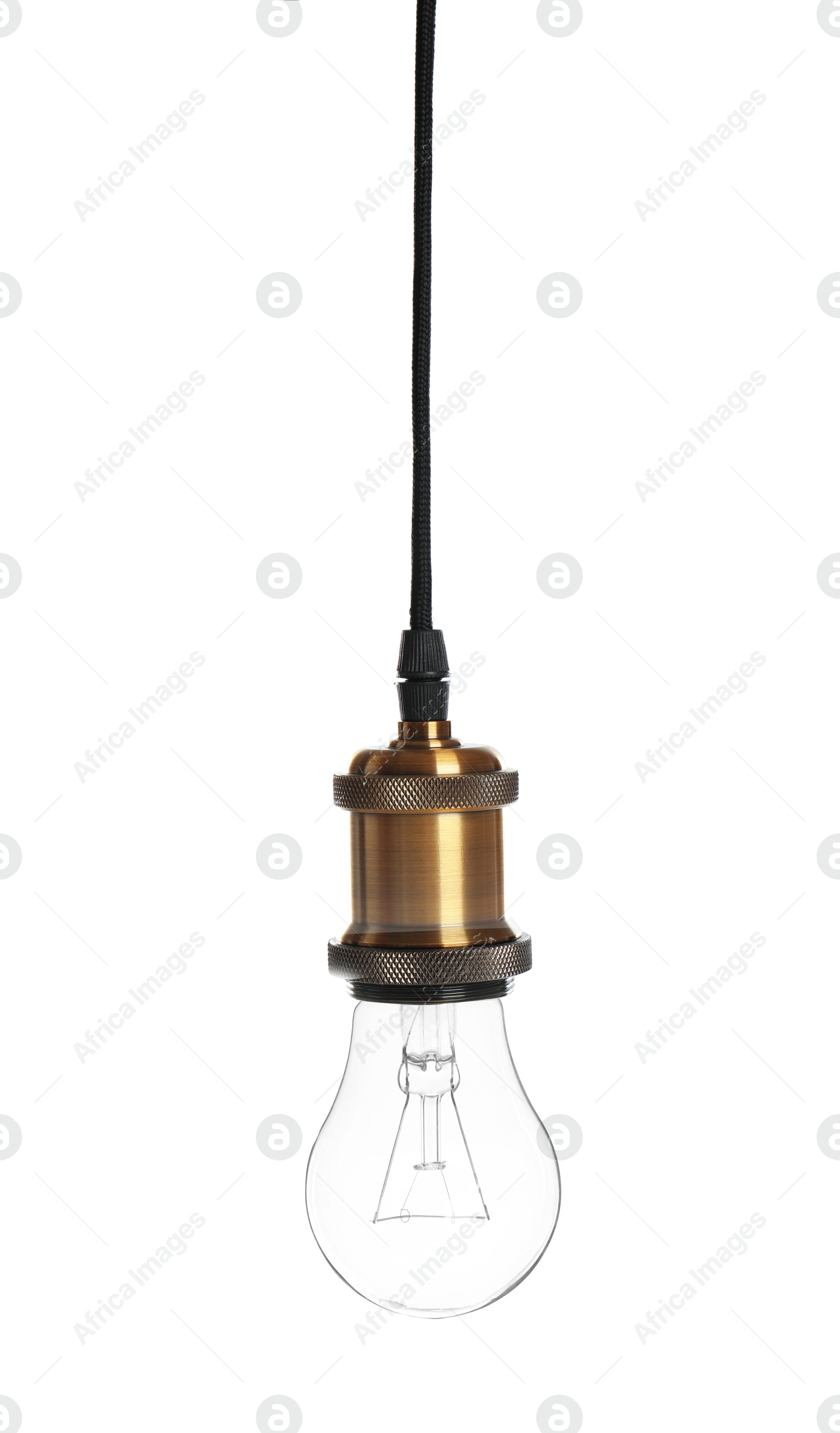 Image of One light bulb hanging on white background