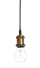 Image of One light bulb hanging on white background