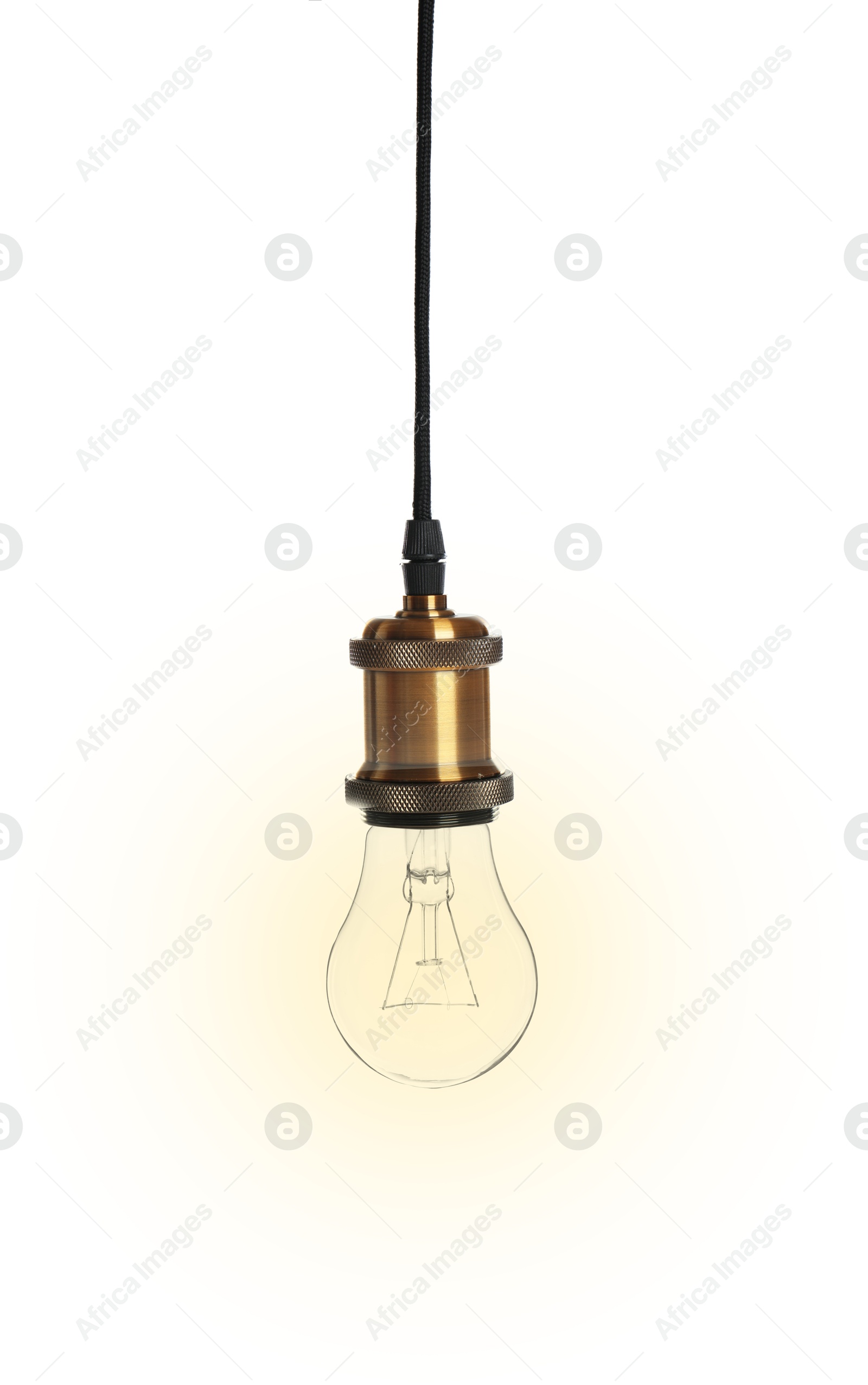 Image of One glowing light bulb hanging on white background