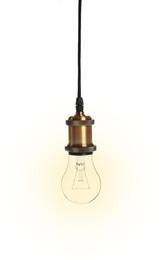 Image of One glowing light bulb hanging on white background