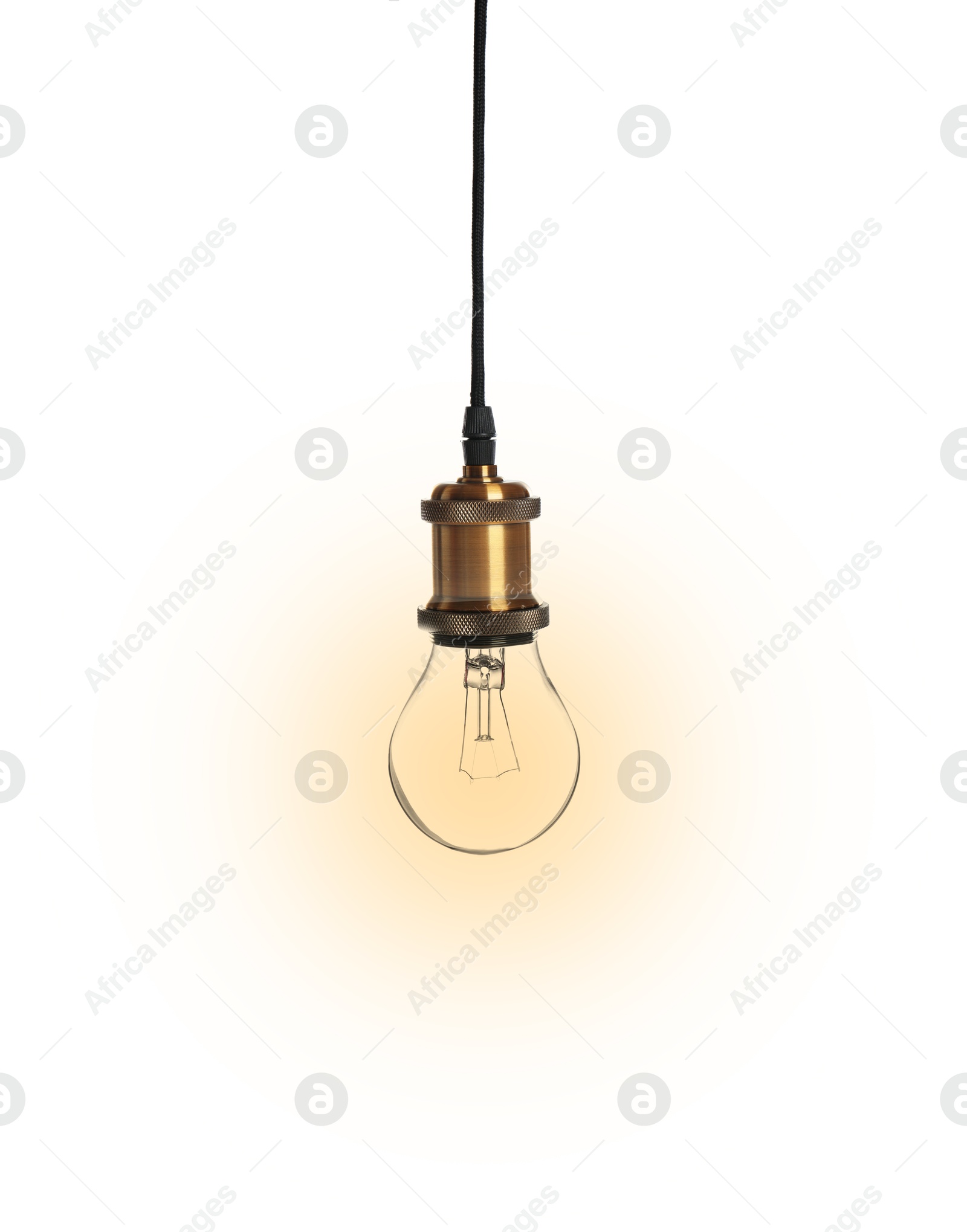 Image of One glowing light bulb hanging on white background