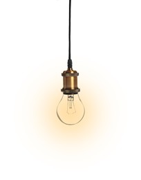 Image of One glowing light bulb hanging on white background