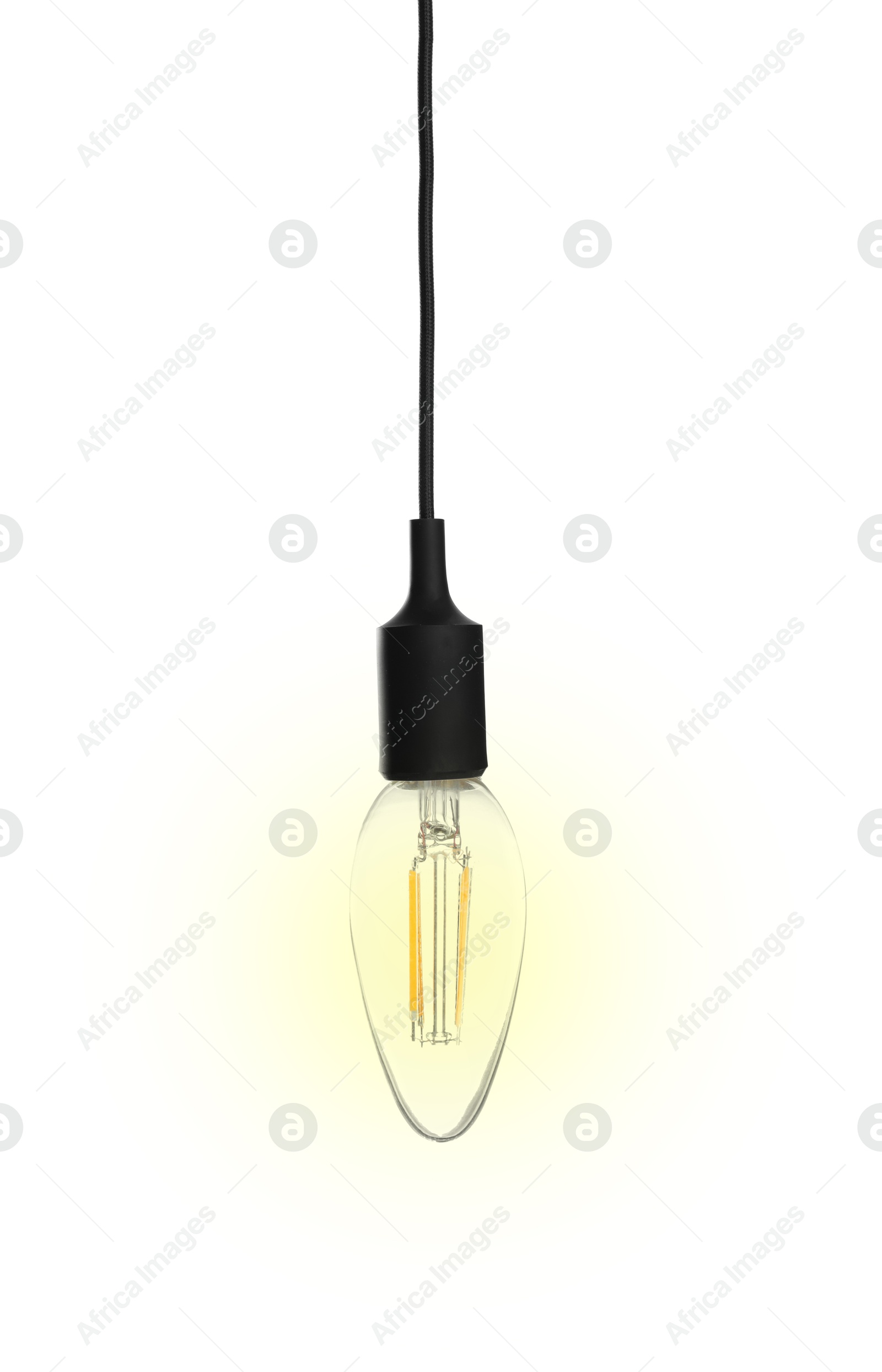 Image of One glowing light bulb hanging on white background