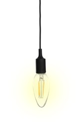 Image of One glowing light bulb hanging on white background