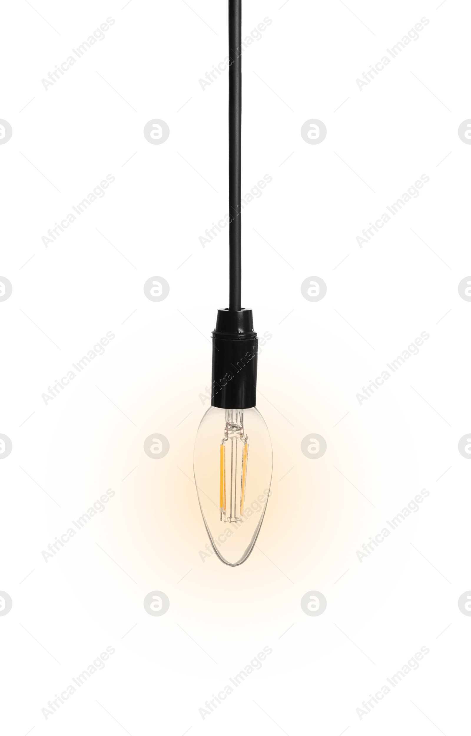 Image of One glowing light bulb hanging on white background