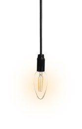 One glowing light bulb hanging on white background