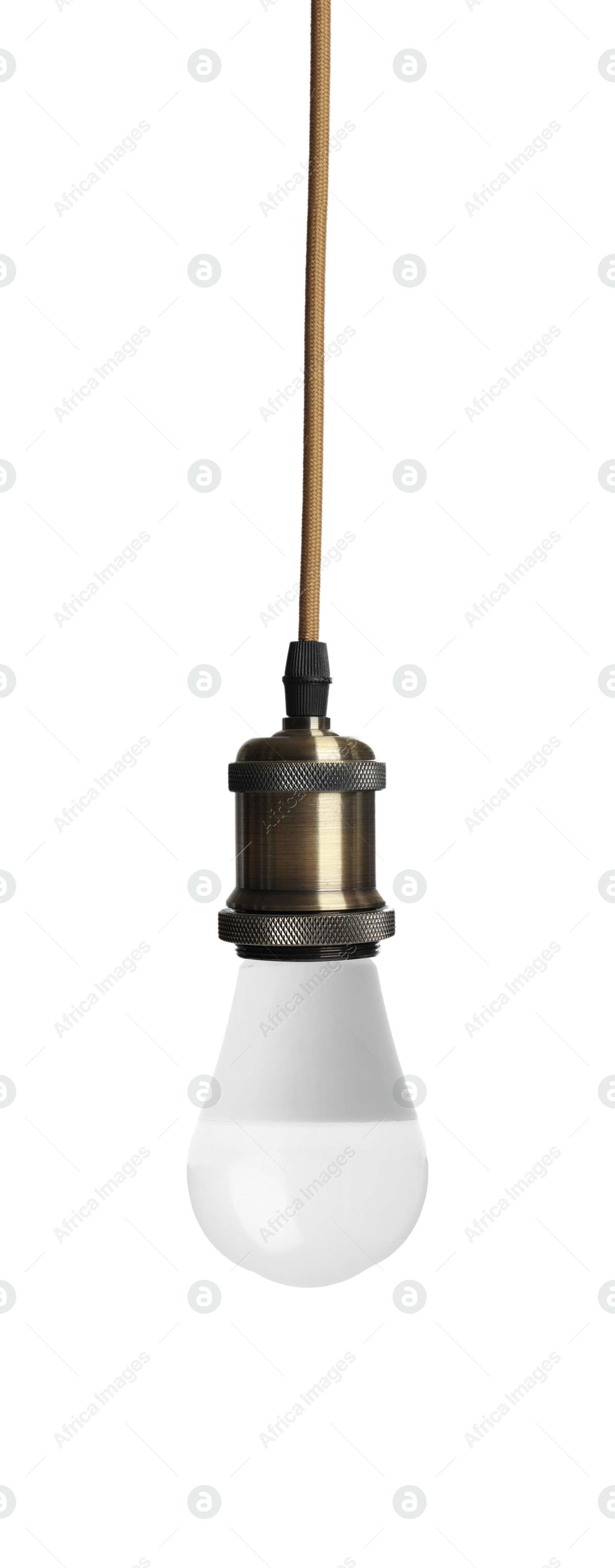 Image of One light bulb hanging on white background