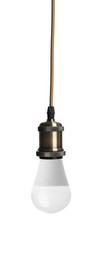 Image of One light bulb hanging on white background