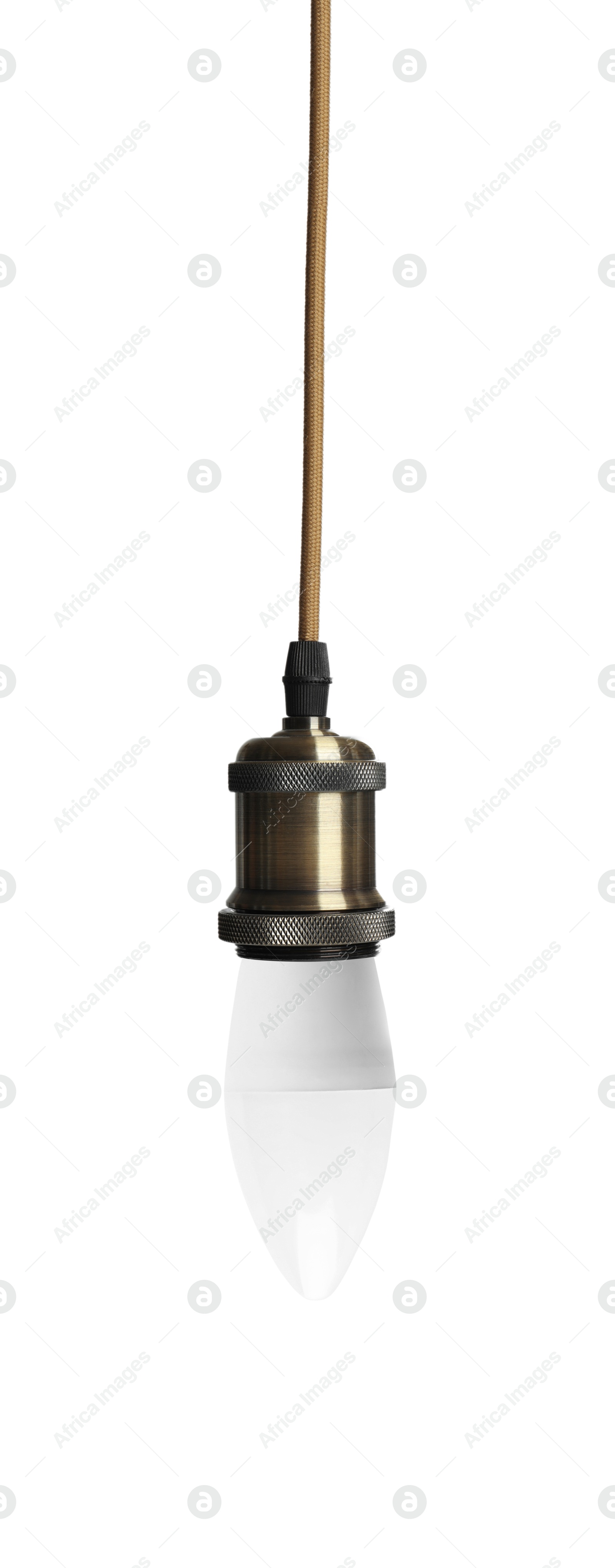 Image of One light bulb hanging on white background