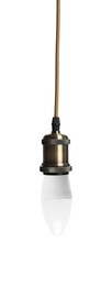 Image of One light bulb hanging on white background