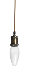 Image of One light bulb hanging on white background