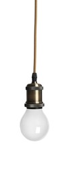 Image of One light bulb hanging on white background