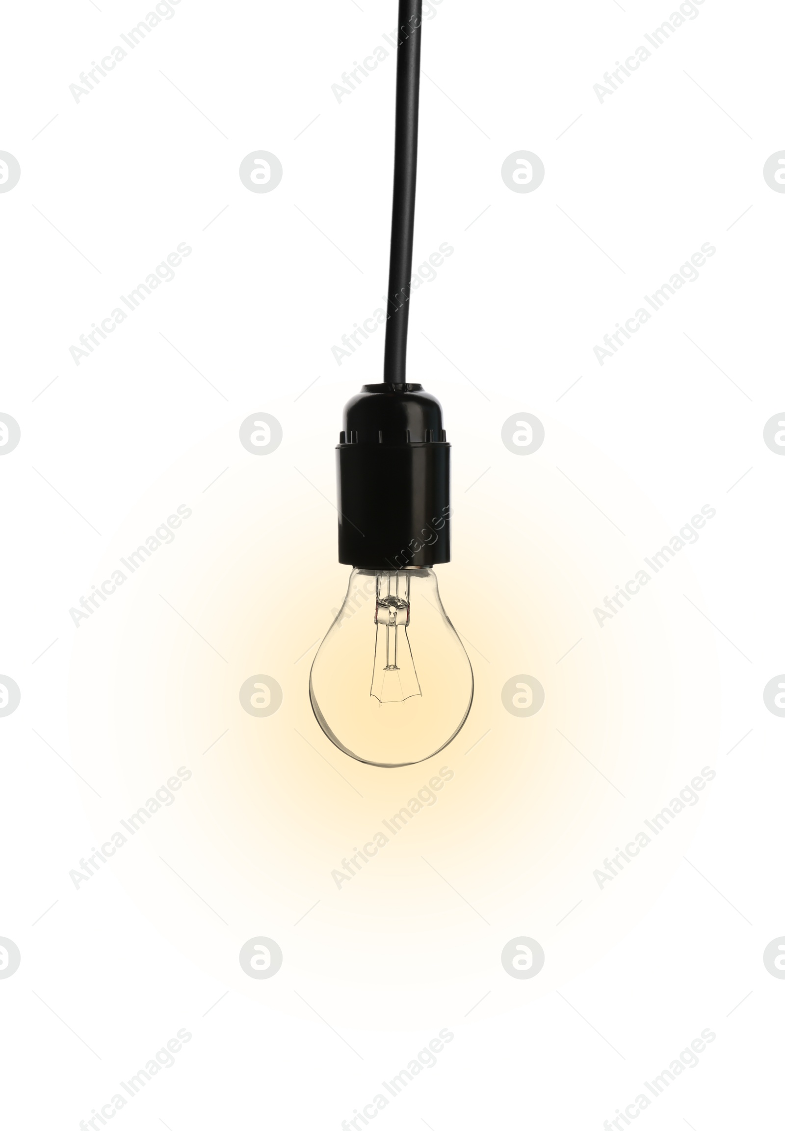 Image of One glowing light bulb hanging on white background