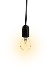 Image of One glowing light bulb hanging on white background