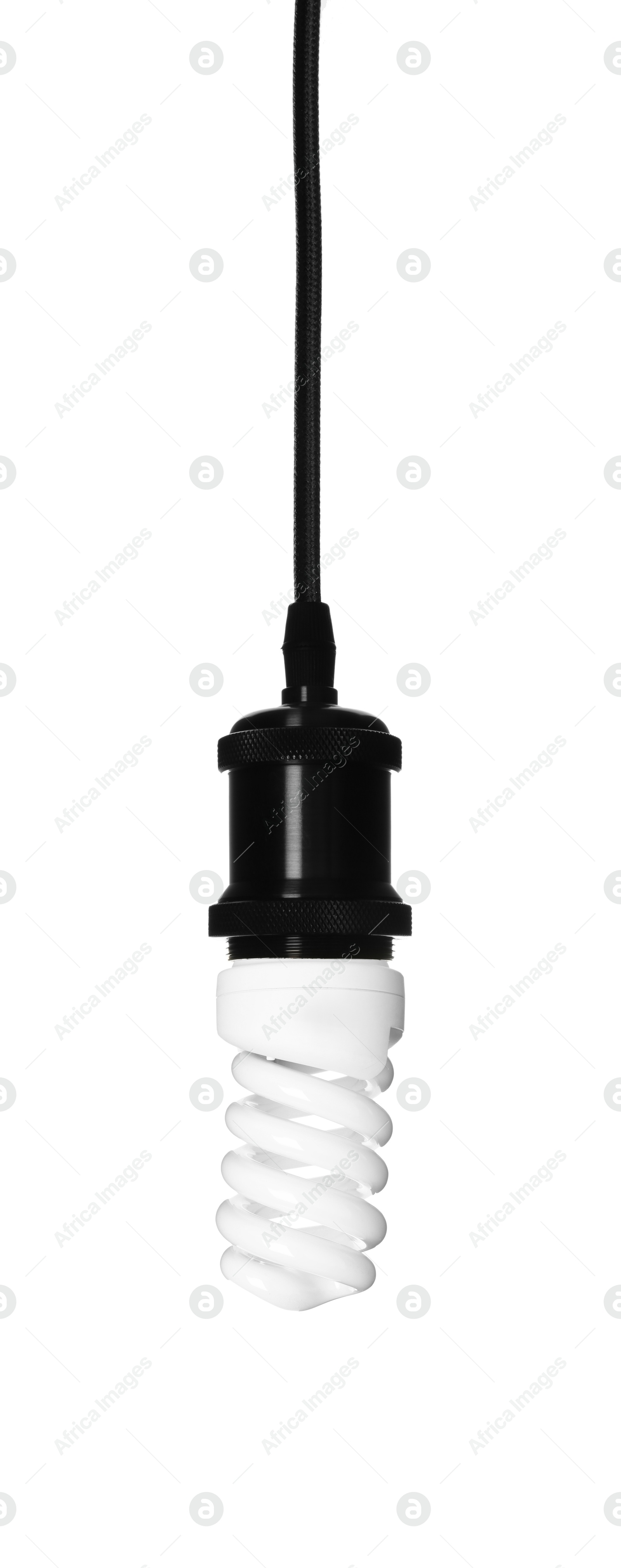 Image of One light bulb hanging on white background