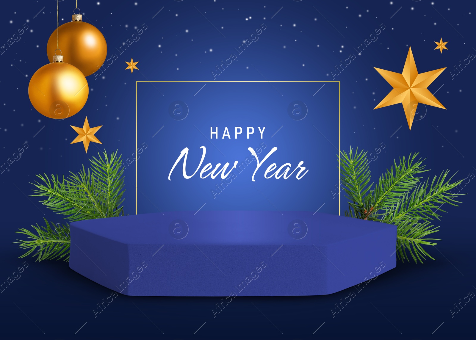 Stylish New Year greeting card design. Christmas balls and stars over podium with fir tree branches on blue background Image of Stylish New Year greeting card design. Christmas balls and stars over podium with fir tree branches on blue background