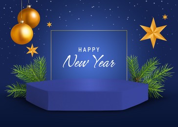 Image of Stylish New Year greeting card design. Christmas balls and stars over podium with fir tree branches on blue background