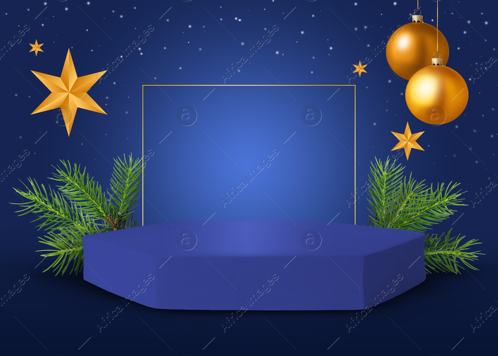 Christmas balls and stars over empty podium with fir tree branches on blue background. Stage for stylish presentation. New Year poster or sale flyer design Image of Christmas balls and stars over empty podium with fir tree branches on blue background. Stage for stylish presentation. New Year poster or sale flyer design