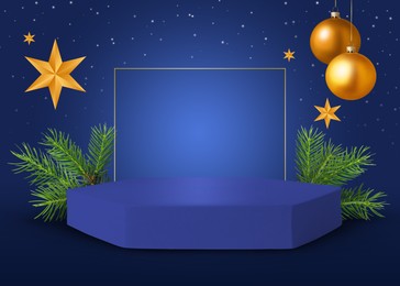 Image of Christmas balls and stars over empty podium with fir tree branches on blue background. Stage for stylish presentation. New Year poster or sale flyer design