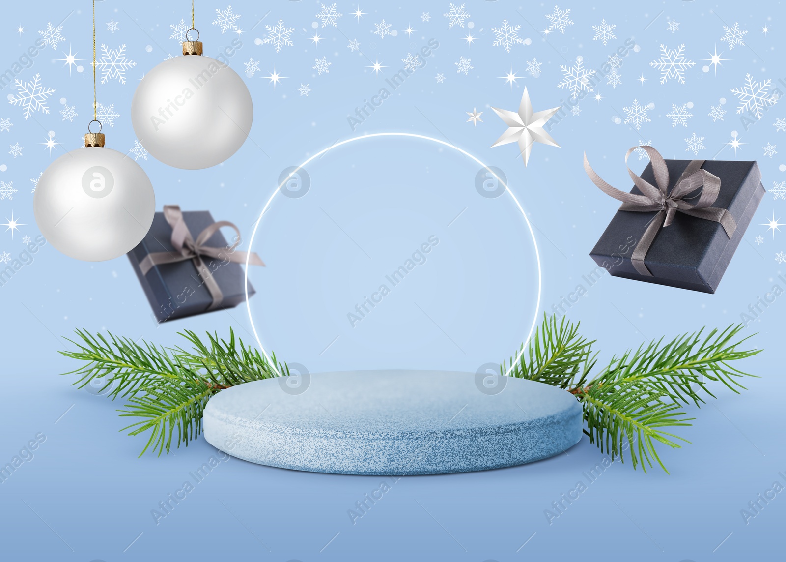 Stage for stylish presentation with Christmas balls, snowflakes, empty podium, fir tree branches and gift boxes on light blue background. New Year poster or sale flyer design Image of Stage for stylish presentation with Christmas balls, snowflakes, empty podium, fir tree branches and gift boxes on light blue background. New Year poster or sale flyer design