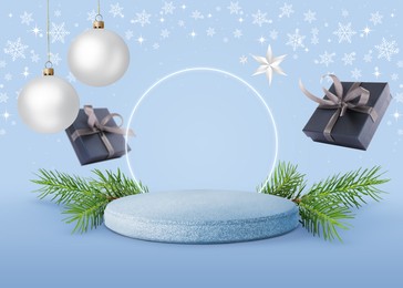 Image of Stage for stylish presentation with Christmas balls, snowflakes, empty podium, fir tree branches and gift boxes on light blue background. New Year poster or sale flyer design