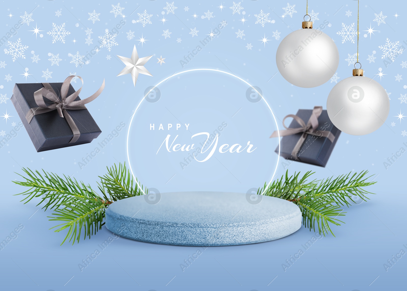 Stylish New Year greeting card design with Christmas balls, snowflakes, podium and falling gift boxes on light blue background Image of Stylish New Year greeting card design with Christmas balls, snowflakes, podium and falling gift boxes on light blue background