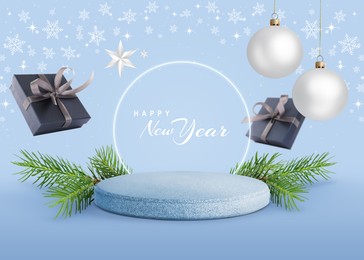 Image of Stylish New Year greeting card design with Christmas balls, snowflakes, podium and falling gift boxes on light blue background