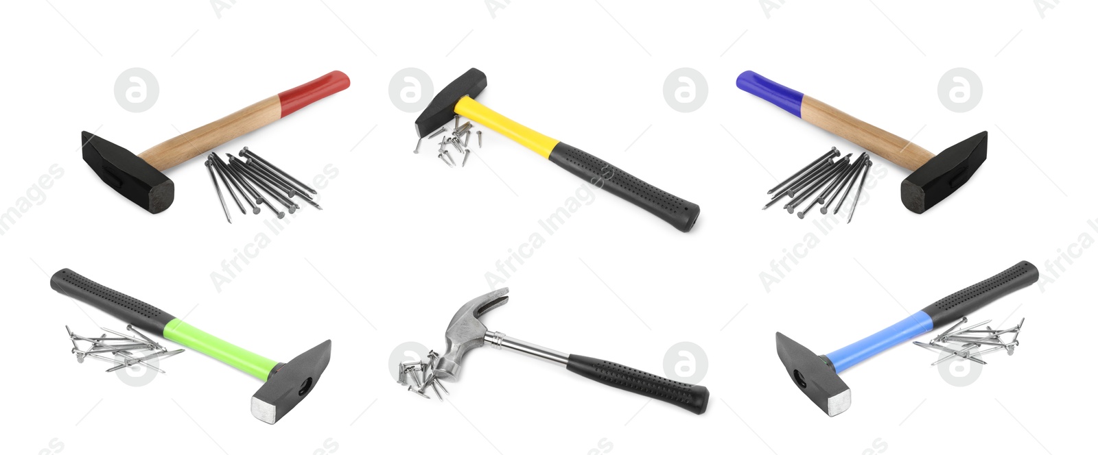 Image of Collage with different hammers and metal nails on white background